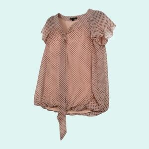 SARA MICHELLE Women's Pink Black Polka Dot Tie Front Flutter Sleeve Blouse Top S